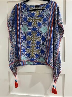 The Limited Boho Blue & Aqua Patterned Poncho Top with Red Tassels
